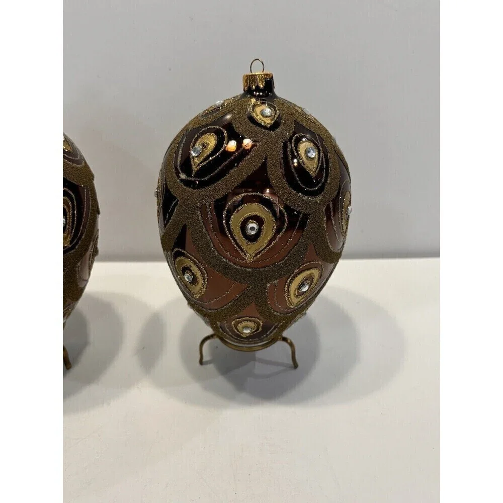 Vintage Hand Blown & Painted Glass Egg Christmas Ornament Diamond Glitter Set 2